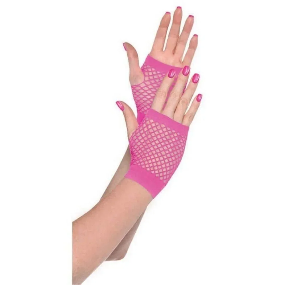 Pink Fishnet Fingerless Short Gloves Costume Accessories Fancy Dress Up Cosplay